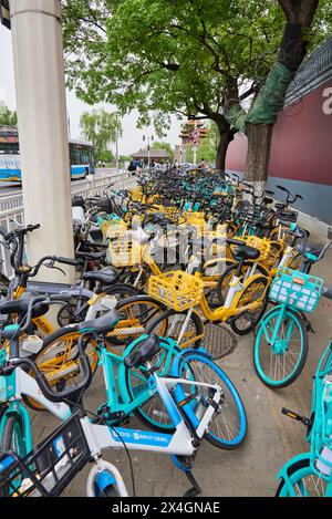 Rangées de bicyclettes publiques exploitées par le système de partage d'applications à Pékin, Chine, le 19 avril 2024 Banque D'Images