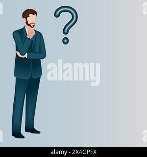 Un homme pense aux problèmes et aux questions pendant le processus de prise de décision. Concept commercial. Illustration vectorielle 2D. Illustration de Vecteur