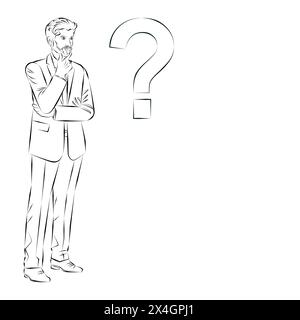 Un homme pense aux problèmes et aux questions pendant le processus de prise de décision. Concept commercial. Esquisse. Illustration vectorielle. Illustration de Vecteur