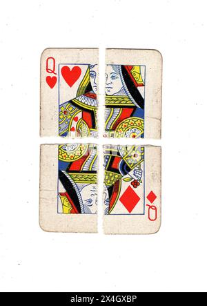 Une carte à jouer de reine vintage composée de quartiers déchirés de quatre costumes sur un fond blanc. Banque D'Images