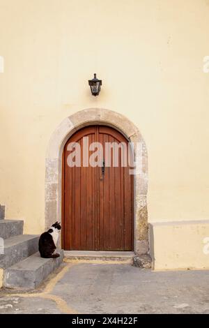 Un chat attend devant une porte en bois dans le monastère de Preveli sur l'île de Crète (Grèce) Banque D'Images