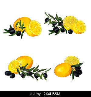 Rameaux d'olivier et citrons juteux, composition d'agrumes méditerranéens, art mural aquarelle peint à la main pour l'impression sur invitations, étiquettes, produit p Banque D'Images