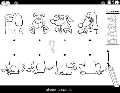 illustration de dessin animé de l'activité éducative de la correspondance des moitiés des images avec drôles de chiens animaux personnages de coloriage Illustration de Vecteur