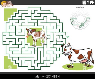 Illustration de dessin animé du jeu de puzzle labyrinthe éducatif pour les enfants avec des personnages d'animaux de veau et de vache Illustration de Vecteur