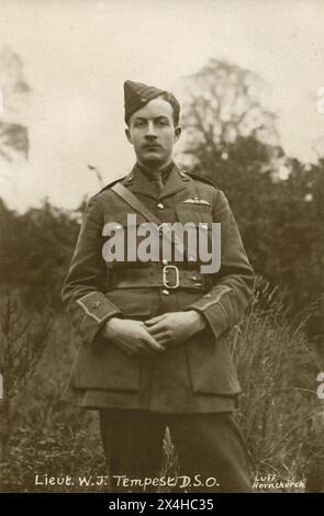 Essex. 1916. Photographie de la première Guerre mondiale britannique, du Royal Flying corps et du pilote de la Royal Air Force, le lieutenant Wulstan Joseph Tempest, DSO, MC (1891-1966). Le 1er octobre 1916, alors qu'il pilotait un biplan de chasse de nuit B.E.2c du No 39 (Home Defence) Squadron, basé au RFC North Weald dans l'Essex, Tempest abat le dirigeable allemand Zeppelin L.31. Le zeppelin, commandé par le Kapitänleutnant Heinrich Mathy, est en train de lancer un bombardement sur Londres et après avoir largué des bombes sur Cheshunt, Tempest intercepte le dirigeable et l'attaque à l'aide de balles incendiaires, provoquant son écrasement en flammes à Potters Bar. Banque D'Images