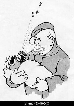 Années 1940 - un dessin animé amusant de la seconde Guerre mondiale représentant le personnage fictif populaire de soldat britannique, Old Bill, créé par le dessinateur Bruce Bairnsfather. Ce dessin animé montre Old Bill tenant un bébé, qui porte un masque à gaz. Banque D'Images