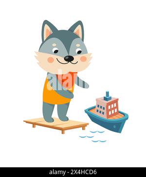 Loup mignon et bateau sur fond blanc. Personnage de dessin animé. Transport et animaux. Illustration vectorielle. Illustration de Vecteur