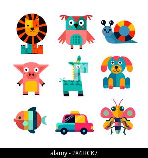 Ensemble d'objets de dessin animé faits de formes géométriques isolés sur fond blanc. Illustration vectorielle. Illustration de Vecteur