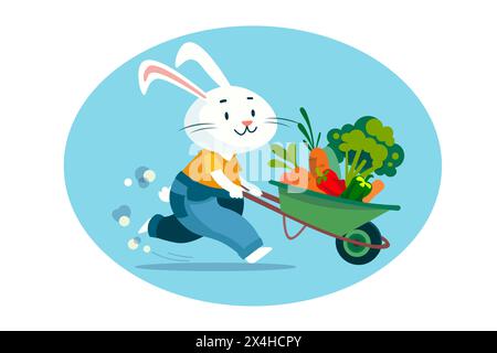 Lapin de dessin animé plat mignon avec des légumes dans la brouette. Ferme et jardin, plantes. Illustration isolée plate vectorielle sur fond blanc. Illustration de Vecteur