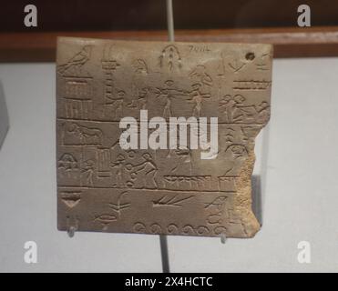 Objets dans le Musée égyptien, étiquettes de la ville de Nubt, avec des preuves du premier roi égyptien Aha/Menes. Musée El Cairo Banque D'Images