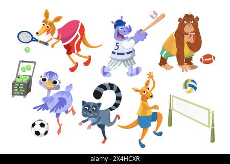 Définir des animaux mignons jouant du sport. Balles, raquettes, filets. Illustrations isolées de dessin animé vectoriel sur fond blanc. Illustration de Vecteur