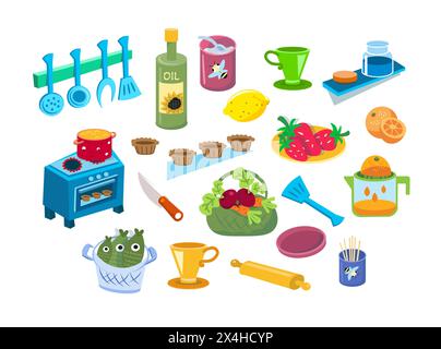 Ensemble d'objets et de produits, nourriture dans la cuisine pour la conception. Illustrations vectorielles. Objets isolés sur fond blanc. Illustration de Vecteur