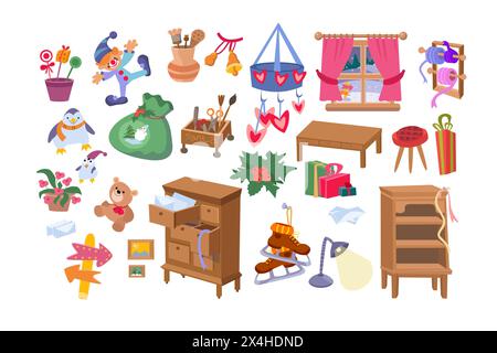 Ensemble d'illustrations pour concevoir la carte de Noël. Atelier du Père Noël. Vacances d'hiver. Illustration vectorielle de dessin animé. Illustration de Vecteur