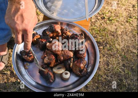 étaler les morceaux de kebab de viande cuite sur un plateau en fer Banque D'Images