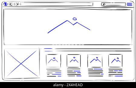 Modèle de conception de site Web. Filaire avec différents éléments sur fond blanc Banque D'Images