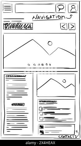 Modèle de conception de site Web. Filaire avec différents éléments sur fond blanc Banque D'Images