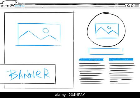 Modèle de conception de site Web, développement d'interface. Filaire avec différents éléments sur fond blanc Banque D'Images