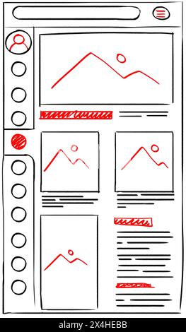 Modèle de conception de site Web. Filaire avec différents éléments sur fond blanc Banque D'Images