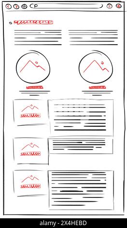 Modèle de conception de site Web. Filaire avec différents éléments sur fond blanc Banque D'Images