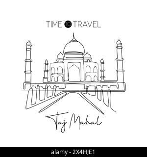 Ligne continue unique dessinant le repère Taj Mahal. Beauté historique lieu emblématique à Agra, Inde. Monde voyage maison décoration mur art poster imprimé concp Illustration de Vecteur