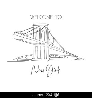 Une ligne continue dessinant le point de repère du pont de Brooklyn. Beauté du monde lieu emblématique à New York, États-Unis. Concept d'impression d'affiche d'art décoration murale à la maison. Péché moderne Illustration de Vecteur