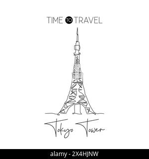 Depok, Indonésie - 1er août 2019 : une ligne continue dessinant le monument de la tour de Tokyo. Lieu emblématique du monde à Tokyo, Japon. Vacances maison de vacances Wall de Illustration de Vecteur