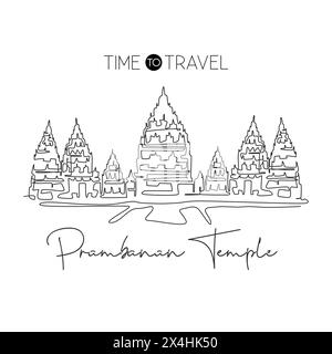 Une seule ligne dessinant le monument du temple de Prambanan. Lieu de renommée mondiale à Jogja, Indonésie. Concept d'impression de décoration murale de décoration de carte postale de voyage de tourisme. Mode Illustration de Vecteur