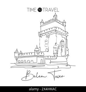 Une seule ligne dessinant le monument de la tour de Belem. Lieu emblématique de renommée mondiale à Lisbonne, Portugal. Tourisme voyage carte postale maison décoration murale concept d'art. Mode Illustration de Vecteur