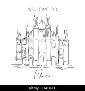 Une seule ligne dessinant le monument du Duomo di Milano. Lieu de renommée mondiale à Milan, Italie. Tourisme voyage carte postale décoration murale concept d'affiche. Moderne c Illustration de Vecteur