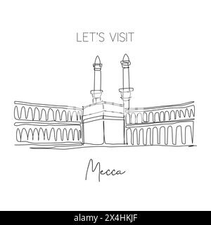 Dessin en ligne continue unique du repère Masjidil Haram. Lieu le plus Saint à la Mecque, Arabie Saoudite. Concept d'art de décoration murale de voyage religieux hajj et umrah Illustration de Vecteur