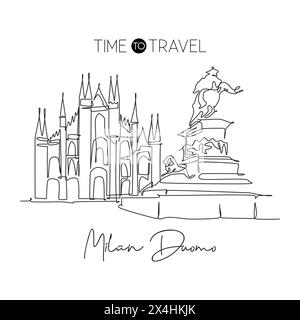 Dessin en ligne continue unique du monument Duomo di Milano. Bel endroit célèbre à Milan, Italie. Tour du monde voyage maison décoration mur art concept d'affiche. Illustration de Vecteur