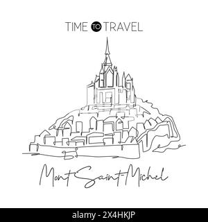 Une ligne continue dessinant le monument du Mont Saint Michel. Lieu emblématique mondial en Normandie, France. Concept d'impression d'affiche de décoration murale de vacances de vacances. M Illustration de Vecteur