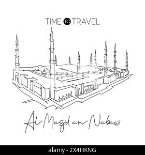 Une ligne continue dessinant le repère Masjidil an Nabawi. Saint masjid à Médine Arabie Saoudite. Hajj religieux et umrah Pray place concept. Décoration murale p Illustration de Vecteur