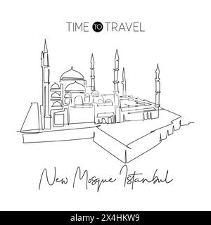 Une ligne continue dessinant le paysage de construction de masjid, monument de la nouvelle mosquée à Istanbul Turquie. Concept de décoration murale religieuse et imprimé poster. Illustration de Vecteur