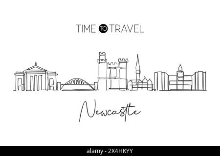 Dessin en ligne continue unique de l'horizon de la ville de Newcastle. Célèbre paysage de gratte-ciel de ville dans le monde. Campagne voyage décoration murale décoration maison affiche design Illustration de Vecteur