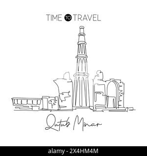 Ligne continue unique dessinant le repère de la mosquée Qutub Minar. Le plus bel endroit célèbre à Delhi, Inde. Concept d'impression d'affiche de décor mural de voyage du monde. Illustration de Vecteur