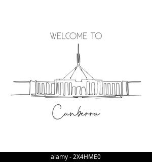 Une ligne continue dessinant le monument de Parliament House Canberra. Lieu de réunion du gouvernement en Australie. Concept d'impression d'affiche d'art décoration murale à la maison. Moder Illustration de Vecteur