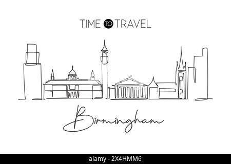 Dessin en ligne continue unique de Birmingham City skyline. Célèbre gratte-ciel de ville et paysage. Concept d'impression d'affiche d'art de décoration murale de voyage du monde Illustration de Vecteur