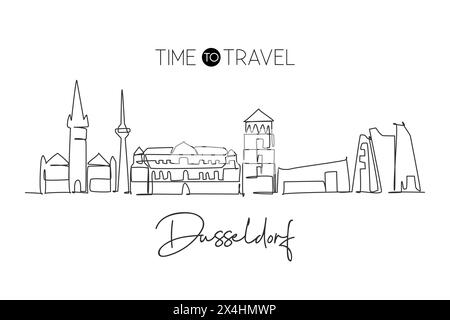 Un dessin au trait continu de l'horizon de la ville de Dusseldorf, Allemagne. Beau gratte-ciel. Affiche de décoration murale de voyage de tourisme de paysage mondial. Styl Illustration de Vecteur