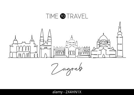 Dessin en ligne continue unique de l'horizon de la ville de Zagreb, Croatie. Célèbre paysage de grattoir de ville. World Travel concept poster print Home Wall Decor Illustration de Vecteur