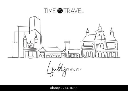 Un dessin à la ligne de l'horizon de la ville de Ljubljana, Slovénie. Paysage de ville historique dans le monde. Meilleure destination de vacances maison décoration murale imprimé. Tendance Illustration de Vecteur