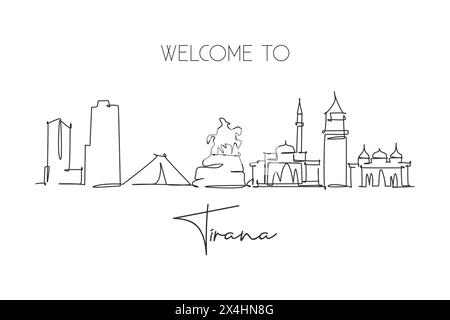 Dessin au trait continu unique de l'horizon de la ville de Tirana, Albanie. Célèbre paysage de grattoir de ville. World Travel concept mur décor maison art poster imprimé. Illustration de Vecteur