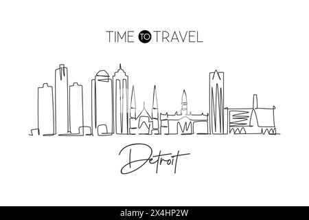 Un dessin au trait continu de l'horizon de la ville de Détroit, États-Unis. Magnifique point de repère. Impression d'affiche de vacances de voyage de tourisme de paysage mondial. Style modifiable s Illustration de Vecteur