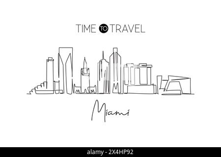 Une ligne continue dessinant Miami City skyline, États-Unis. Magnifique point de repère. Affiche de vacances de voyage de tourisme de paysage mondial. Style modifiable Illustration de Vecteur