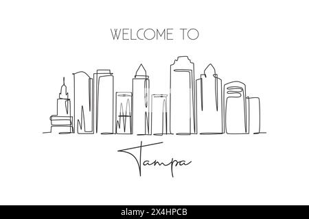Dessin au trait continu unique de l'horizon de la ville de Tampa, États-Unis. Célèbre grattoir de ville et paysage. World Travel concept Home Wall Decor poster imprimé M Illustration de Vecteur