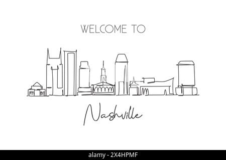 Dessin en ligne continue unique de l'horizon de la ville de Nashville, Tennessee. Célèbre paysage de grattoir de ville. World Travel concept Home Wall Decor imprimé affiche. Illustration de Vecteur