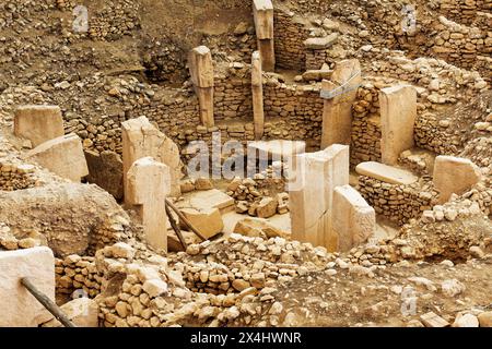 Gobekli Tepe site archéologique néolithique datant de 10 millénium av. J.-C., grandes structures circulaires avec des piliers de pierre massifs, Potbelly Hill Banque D'Images