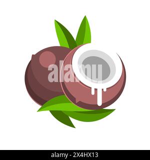 Logo de cercle simple huile de coco avec icône de coquilles de noix demi coupées rondes et symbole de feuilles de palmier vert lait de coco biologique naturel dans le signe pictogramme d'emballage Illustration de Vecteur