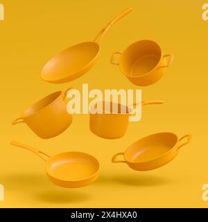 Ensemble de stewpot en acier inoxydable volant, poêle à frire et ustensiles de cuisine en aluminium chromé sur fond monochrome jaune. rendu 3d de cuisine antiadhésive Banque D'Images