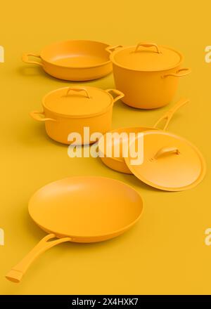 Ensemble de stewpot en acier inoxydable volant, poêle à frire et ustensiles de cuisine en aluminium chromé sur fond monochrome jaune. rendu 3d de cuisine antiadhésive Banque D'Images